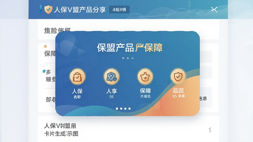 人保V盟产品分享卡片生成示意图,背景为保险产品详情页,包含保险名称和保障图标,卡片样式美观,色彩和谐,布局清晰,画质清晰