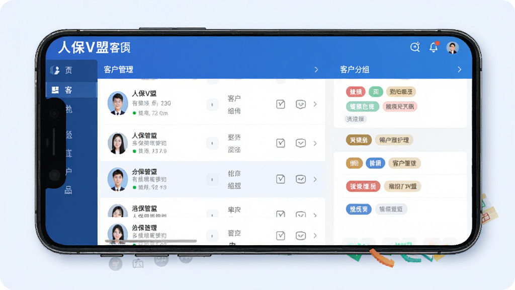 人保V盟客户管理界面展示,手机屏幕上显示客户列表和标签分组,界面清爽有序,蓝色主调,人物头像图标,排版整齐,风格专业,细节丰富,高清画质