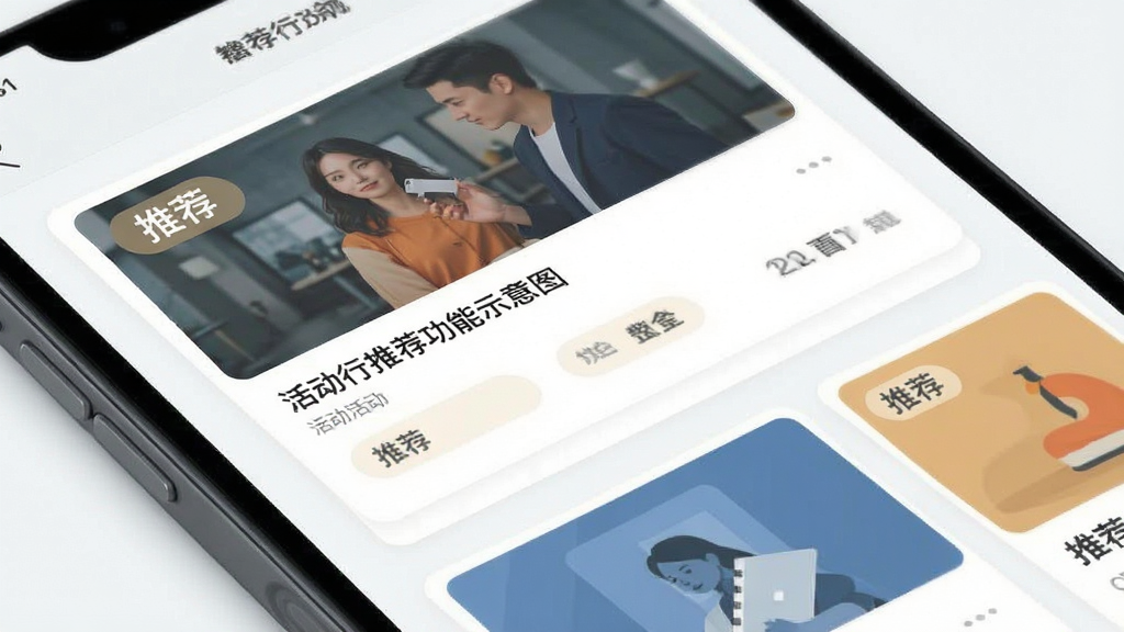 活动行智能推荐功能示意图,主体为手机界面展示推荐活动卡片,布局错落有致,排版清爽,风格扁平化,细节有“推荐”字样标签,画质清晰干净