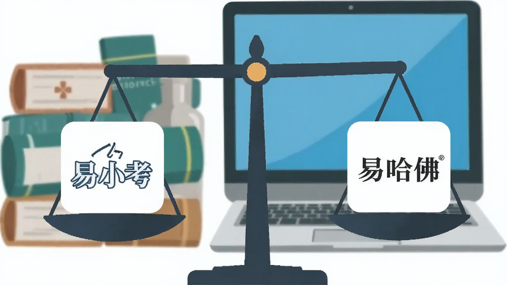 易小考与易哈佛对比分析图,左侧易小考图标右侧易哈佛图标,中间用天平称量,背景为医药书籍和电脑,扁平化设计,干净简洁,画质清晰