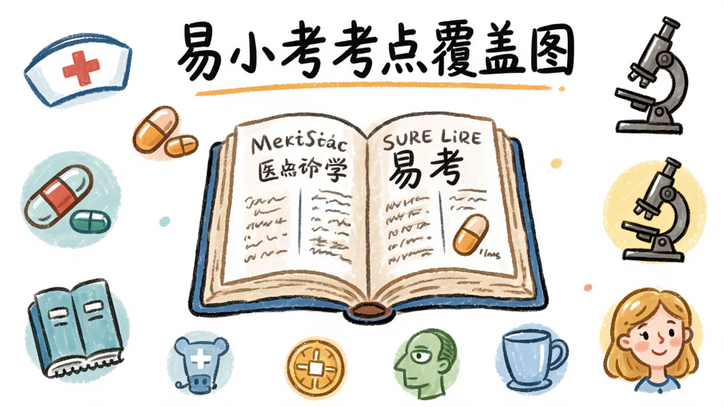 易小考考点覆盖图,画面中央是一本打开的医学书籍,周围环绕着各种考试科目的图标,如护士帽、药丸、显微镜等,采用手绘风格,色彩明亮,布局均匀,细节丰富,画质清晰,无多余元素