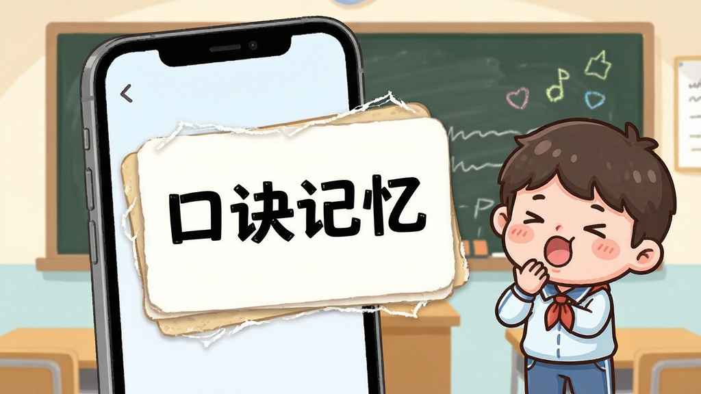 易小考记忆口诀展示,手机屏幕上有口诀卡片,旁边有卡通人物在背诵,背景是教室黑板,整体风格可爱,布局活泼,画质干净,文字清晰显示“口诀记忆”,无多余元素