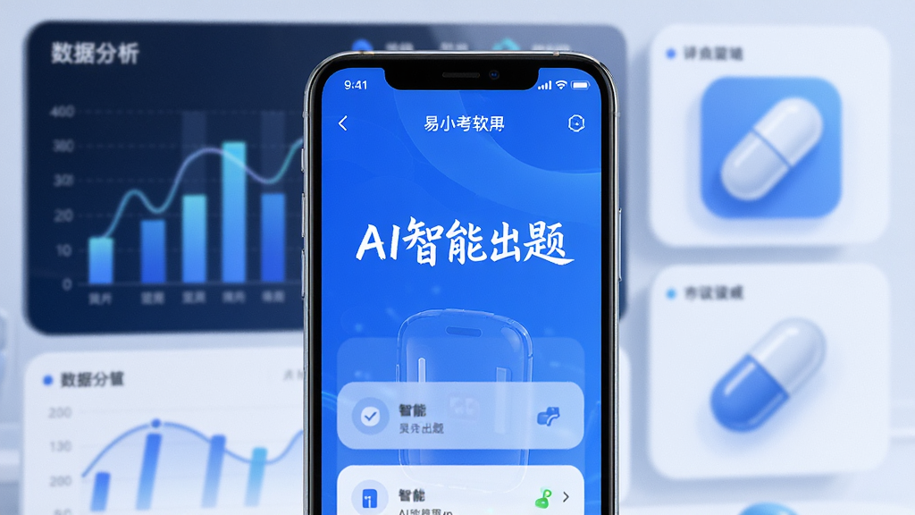 易小考软件界面展示,手机屏幕上显示AI智能出题功能,背景有数据分析图表和药丸图标,主体是手机模型,布局居中,排版简洁,风格现代科技感,细节屏幕上有文字“AI智能出题”,画质高清干净,无多余元素