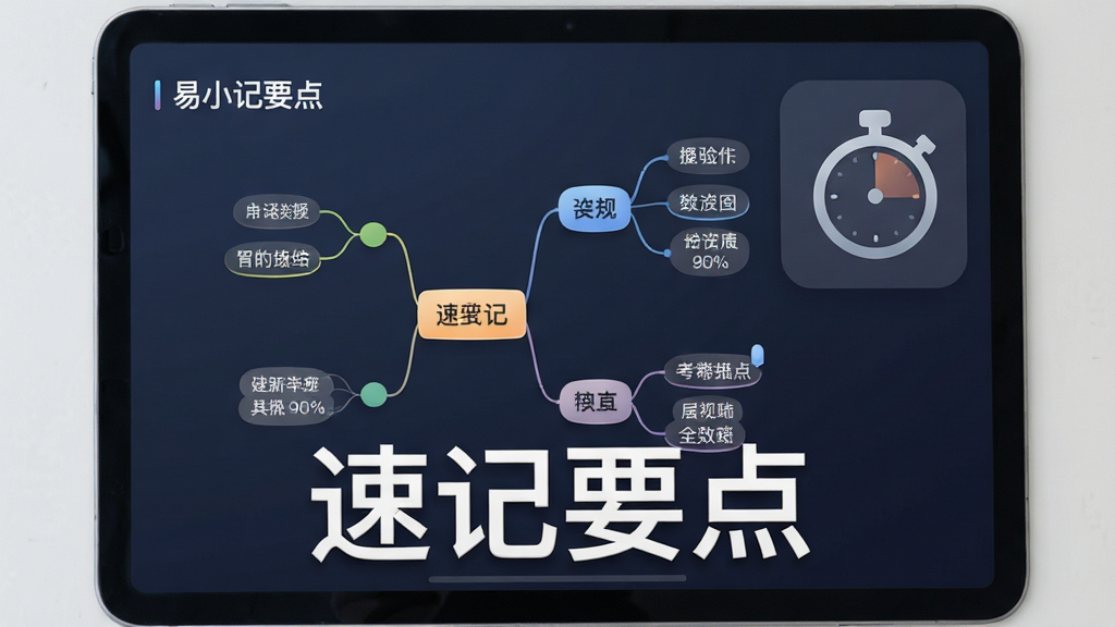 易小考速记要点界面,屏幕上显示思维导图形式的要点总结,背景有计时器图标,风格简洁商务,布局清晰,细节有文字“速记要点”,画质高清,无多余元素