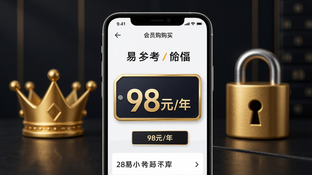 易小考会员价格展示,手机屏幕显示会员购买页面,价格标签醒目,背景有金色皇冠和锁图标,风格商务大气,排版清晰,细节有“98元/年”字样,画质精细,无多余元素