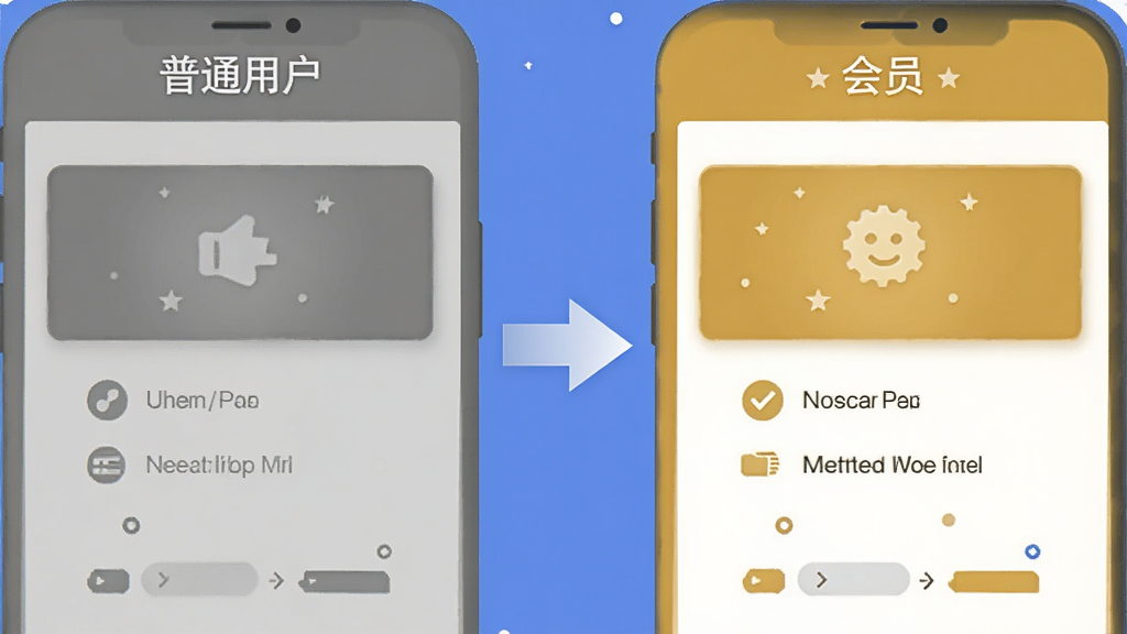 有月会员对比图,左侧普通用户灰色界面,右侧会员金色界面,中间用箭头对比,展示功能差异,风格扁平化,干净无文字,画质清晰