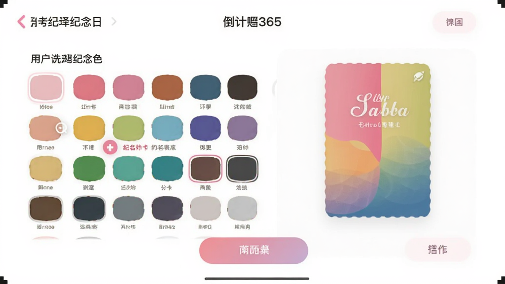 ����ʱ365 �Զ��屳�����棬�û�����ѡ������տ�Ƭ����ɫ����Ļ����ʾ������ɫɫ�壬��ǰѡ�з�ɫ����ƬԤ��������ֲ�ͬɫ��Ч����������ֱ�ۣ�����Ϊ��ɫ����ťԲ�󣬻��ʸɾ����޶���Ԫ��