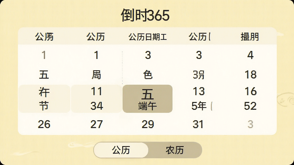 ����ʱ365 ũ������ѡ����棬���������ʾũ���͹������գ���ǰѡ�ж���ڣ����³��壩���·��С���������ũ�����л���ť������Ϊǳ��ɫ�������������������������ţ����ʸɾ����޶���Ԫ��