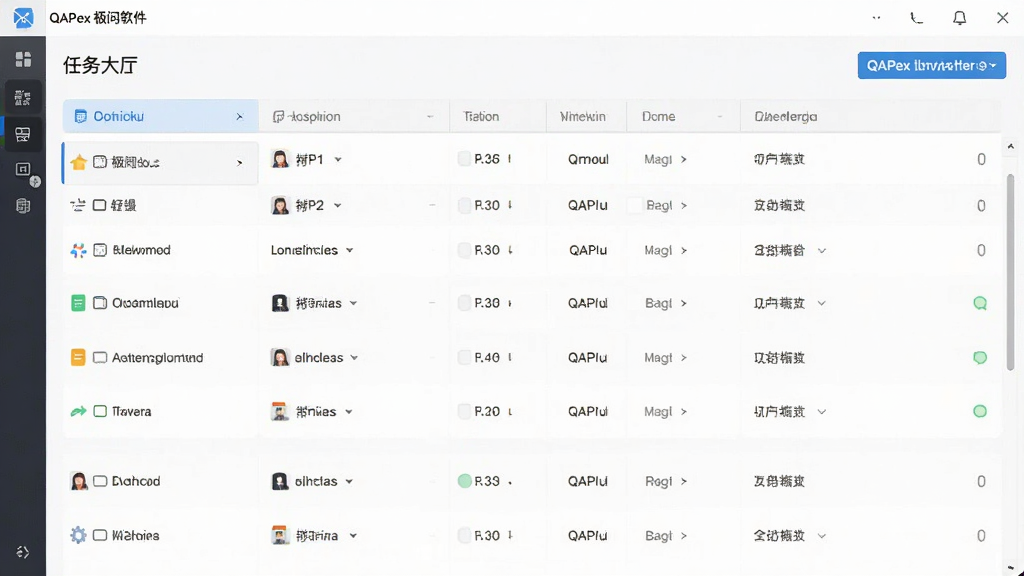 QAPex 极问软件界面截图,展示任务大厅列表,布局清晰,色彩明亮,扁平化风格,画质干净,无多余元素