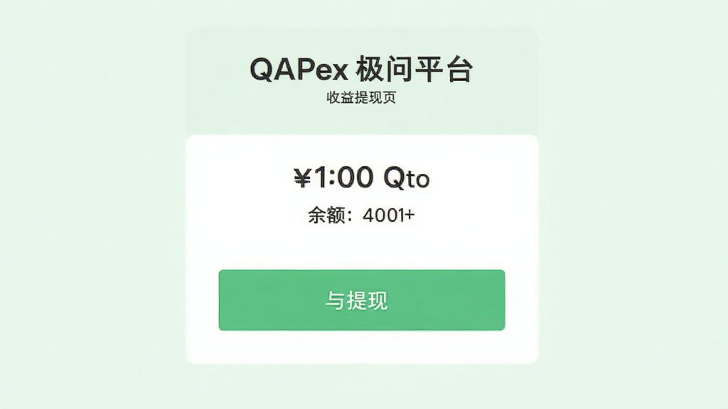 QAPex 极问平台收益提现页面,显示余额与提现按钮,设计简洁,背景为浅绿色,画质干净,无多余元素