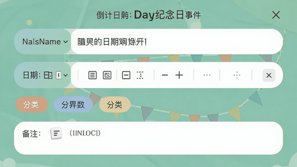 ����ʱDay�������¼��༭�����ͼ����ʾ�¼����ơ�����ѡ�����������ǩ����ע���������࣬�����Բ����ƣ�ɫ�ʴ������ʣ������������޶���Ԫ��