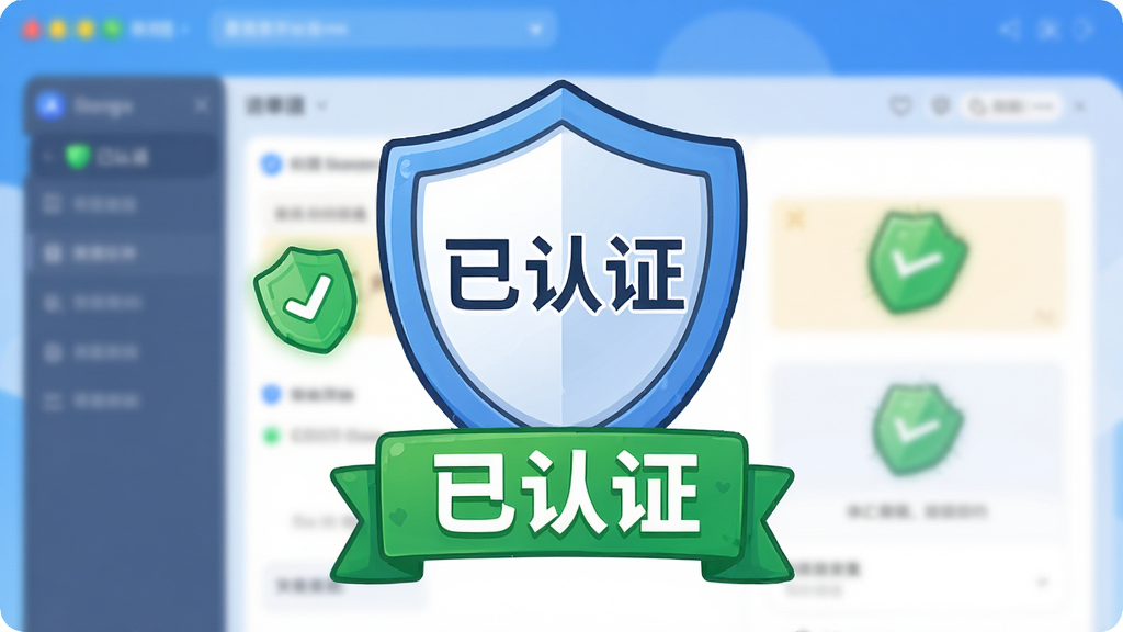 展示我爱巡软件的安全认证界面,主体为盾牌图标与“已认证”字样,布局居中,排版简洁,风格卡通,细节包含绿色安全标识,画质干净明亮,无多余元素