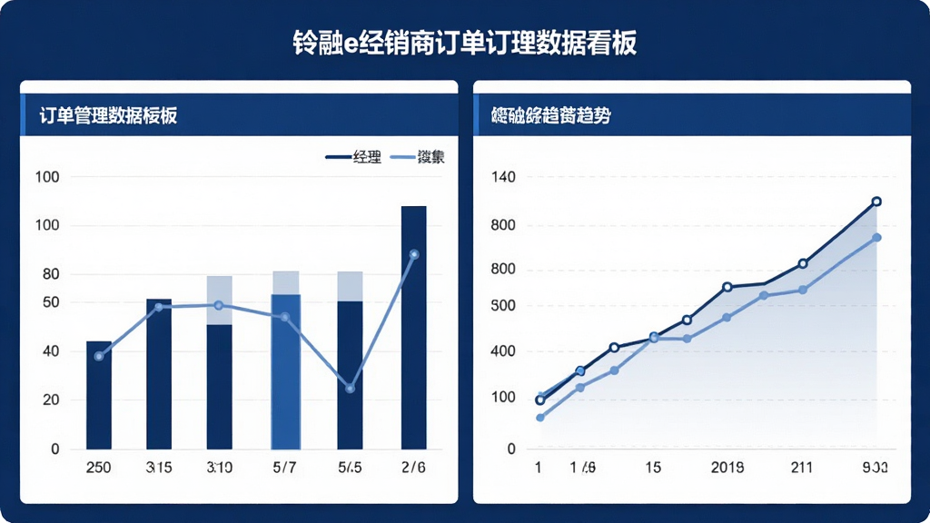 一张关于铃融e经销商订单管理数据看板的截图,包含柱状图和趋势线,整体视觉效果专业,排版整齐,色彩以深蓝色和白色为主,画面清晰干净,无多余装饰