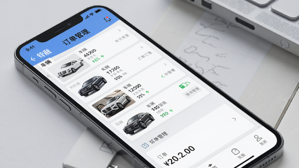 展示铃融e经销商APP在手机上的主界面,布局清晰,包含车辆列表和订单管理模块,背景为浅灰色商务风格,界面扁平化设计,细节丰富,画质干净,无多余元素