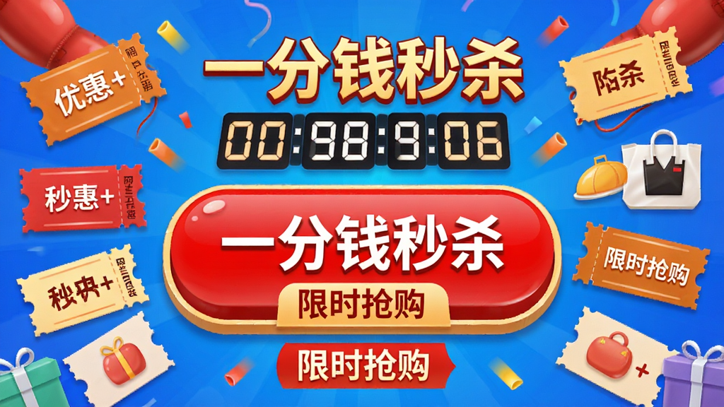 促销氛围浓厚的“一分钱秒杀”倒计时页面,主体是一个巨大的红色秒杀按钮,周围环绕优惠券和商品小图标,布局中心对称,风格热烈活泼,细节有倒计时数字和“限时抢购”字样,画质清晰干净,无多余元素。