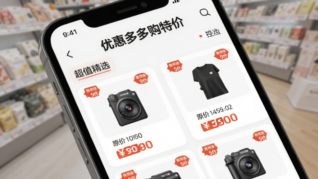 手机屏幕上展示“优惠多多购特价”的“超值精选”页面,主体为整齐排列的商品卡片,配有价格标签和折扣图标,布局简洁明快,风格清新电商风,细节包括商品缩略图、原价与现价对比,画质高清干净,无多余元素。