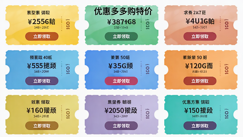 展示“优惠多多购特价”的优惠券领取中心界面,主体是一张张彩色优惠券卡片排列,布局网格化,风格简洁直观,细节有券面金额和“立即领取”按钮,画质干净明亮,无多余元素。