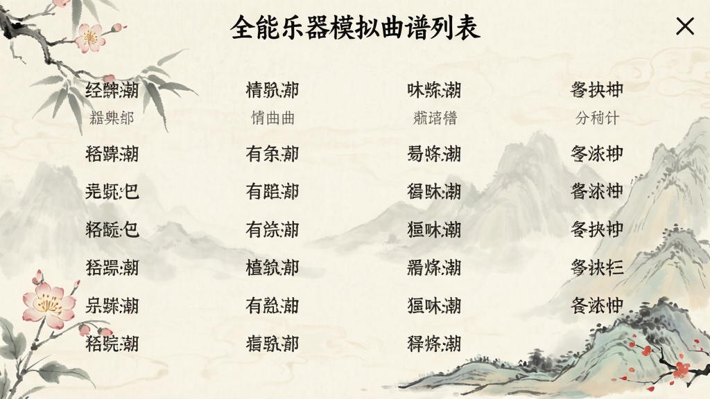 全能乐器模拟曲谱列表界面,包含多首经典曲目名称,背景为淡雅国风设计,布局整齐,文字清晰,画质干净,无多余元素