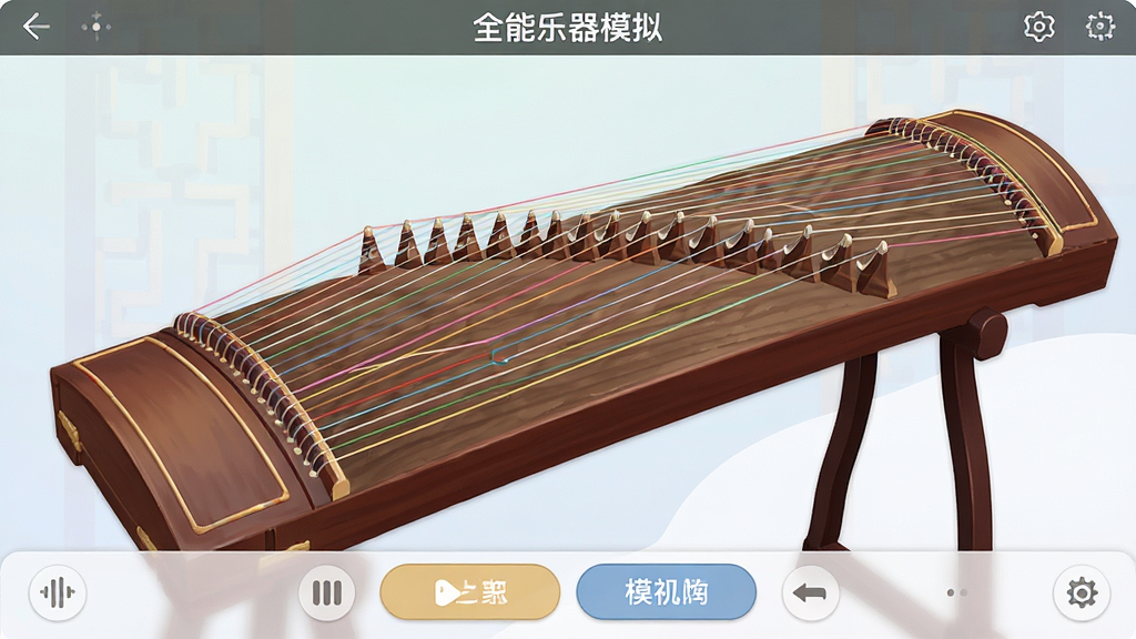 全能乐器模拟软件界面截图,展示虚拟古筝琴弦和功能按钮,整体布局清晰,色彩柔和,干净无多余元素,画质高清
