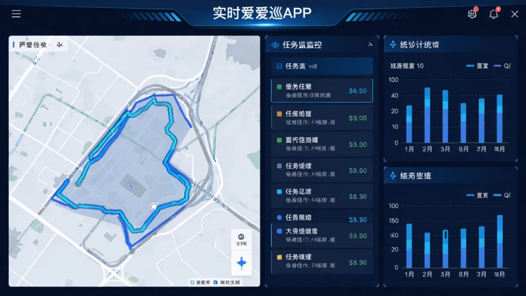�Ұ�ѲAPP���棬չʾʵʱѲ���ش���������������������ͼ�켣�������б���ͳ��ͼ��������ִ���࣬��ɫ�Ƽ��У���ϸ�ڣ����ʸɾ����޶���Ԫ��