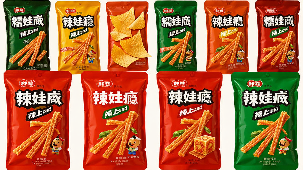 糯娃商城辣上瘾零食系列产品图,包括辣条、辣片、辣块等,排列整齐,风格明亮,产品细节突出,高清画质,干净无多余元素
