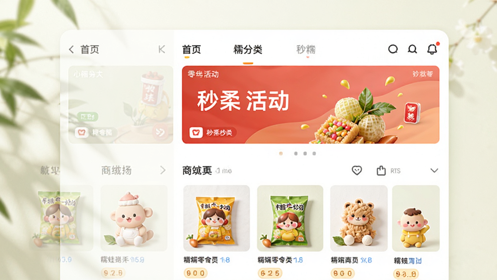 糯娃商城app界面,展示首页零食分类、秒杀活动横幅、商品列表,布局简洁明快,风格清新自然,细节丰富,高清画质,干净无多余元素