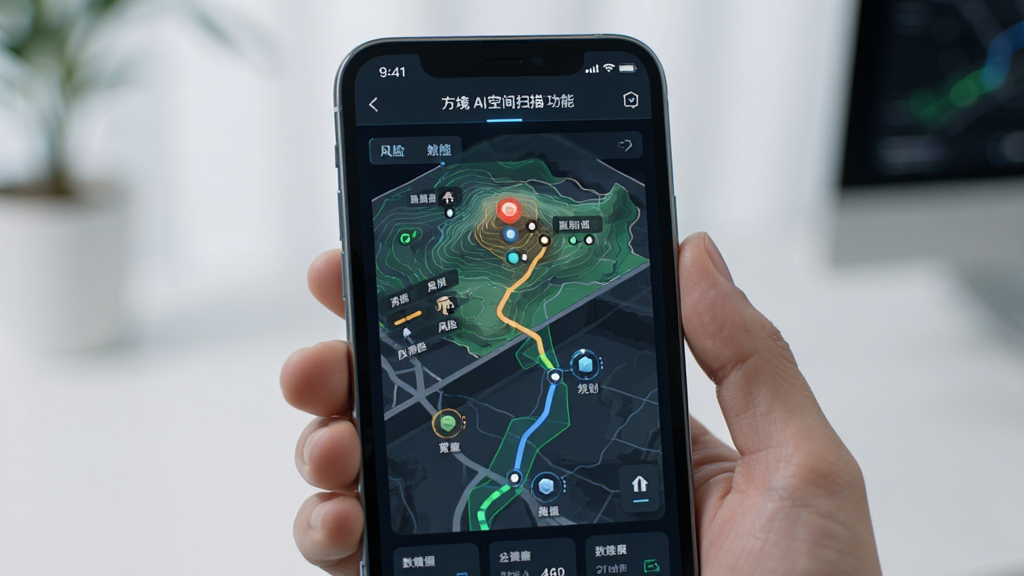 方境 AI空间扫描 功能 展示 手机 屏幕 上 显示 地形 风险 标注 路线 规划 界面 风格 科技感 数据 清晰 画质 干净 无多余元素