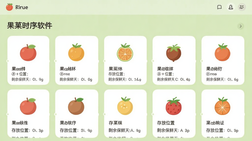 果物时序软件界面,展示果盘看板,多个果物卡片整齐排列,卡片上显示水果名称、存放位置和剩余保鲜天数,界面风格清新自然,采用扁平化设计,色彩明亮柔和,背景为淡绿色,整体干净整洁,无多余元素