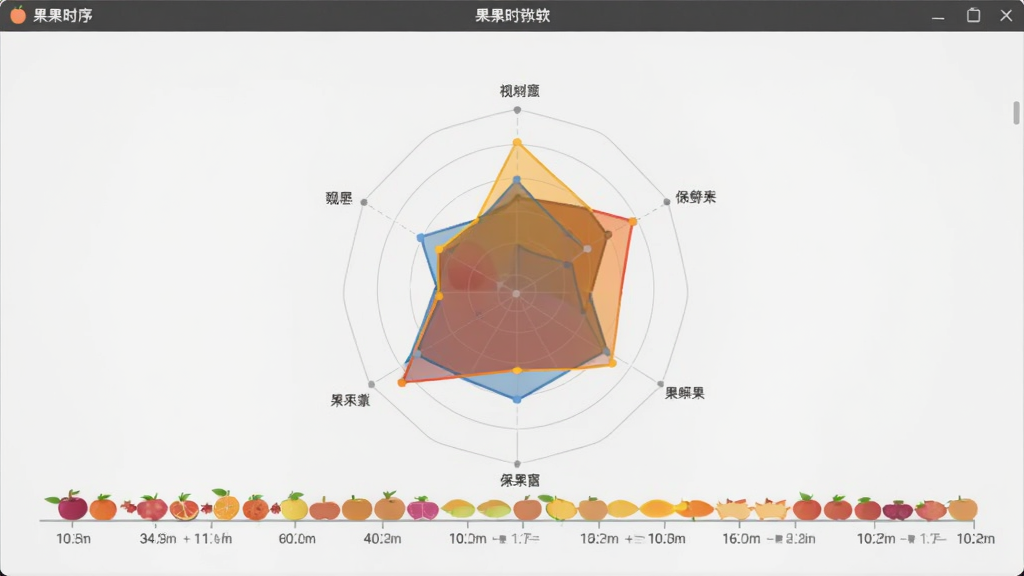 果物时序软件界面,展示窗口雷达视图,以时间轴形式呈现多个果物的保鲜窗口,重叠部分用高亮颜色标注,界面风格简洁,线条流畅,信息层次分明,背景为浅灰色,画质清晰,无多余元素