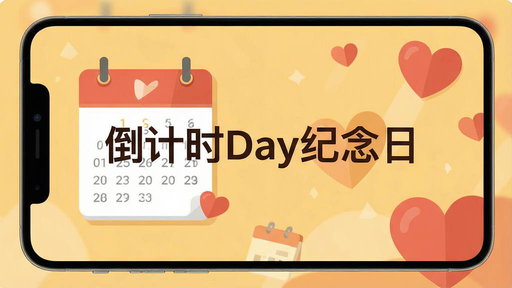 倒计时Day纪念日主界面展示,暖色调背景,日历与爱心元素,界面干净,扁平化设计,高画质,居中构图,文字“倒计时Day纪念日”清晰可见
