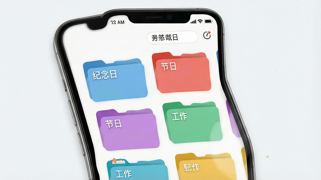 倒计时Day纪念日分类管理界面示意图,手机屏幕显示多个彩色分类文件夹,风格清新,排版整齐,高画质,干净无多余元素,文字“纪念日”“节日”“工作”等清晰可见