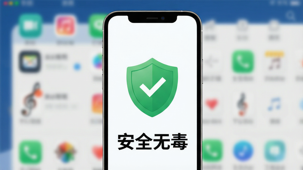 全能乐器模拟安全检测示意,主体为手机屏幕显示绿色安全盾牌图标,布局居中,背景为模糊的应用界面,风格简约,细节突出“安全无毒”字样,画质清晰,干净无多余元素