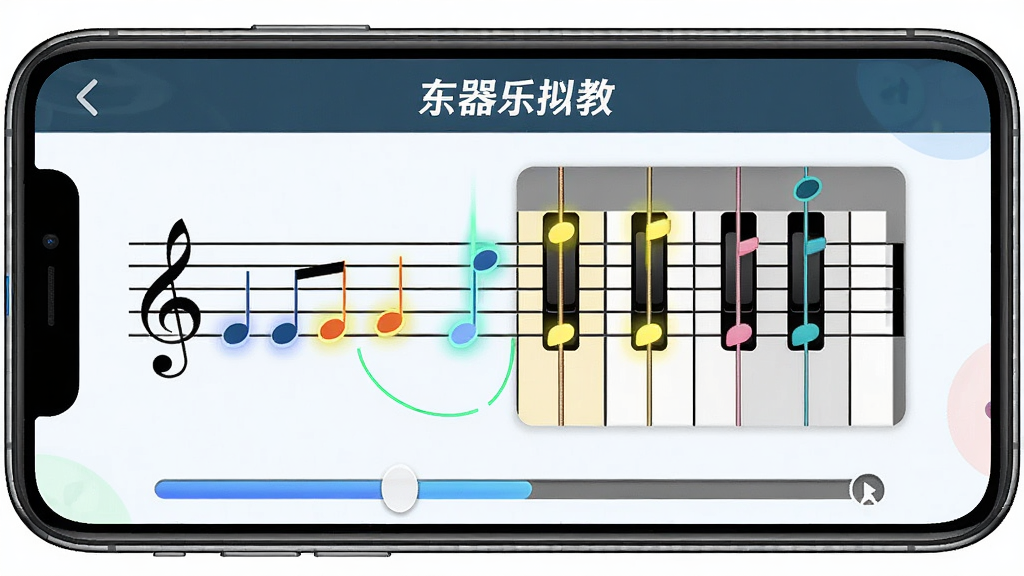 全能乐器模拟教学界面,主体为手机屏幕显示音符高亮引导,布局上方为曲名,中间为五线谱与琴弦对照,下方为进度条,风格清新,色彩鲜艳,细节突出高亮音符,画质清晰,干净无多余元素
