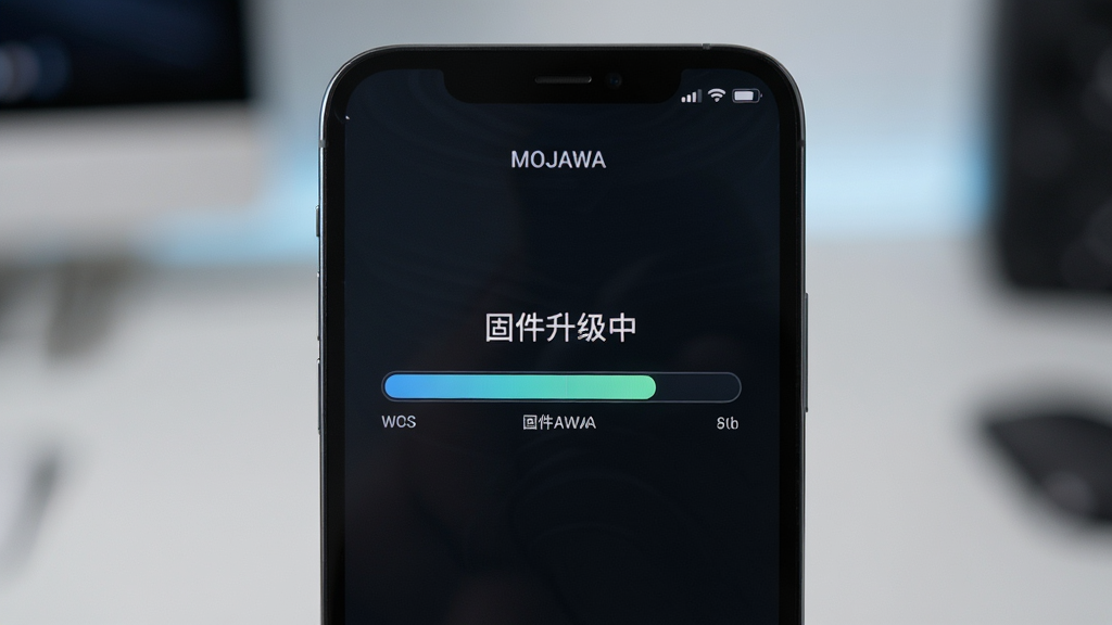 MOJAWA耳机固件升级界面,主体为手机屏幕显示升级进度条,布局居中,排版简洁,风格科技感,细节包含“固件升级中”提示文字,画质清晰干净,无多余元素
