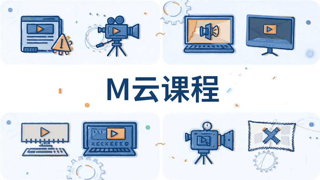 一幅展示M云课程制作流程的插画,包含脚本撰写、演播室录制、后期剪辑、专家审核四个步骤图标,整体风格为扁平化线性图标,搭配蓝色与橙色点缀,排版整齐,干净无多余元素,画面中央写有“M云课程”字样