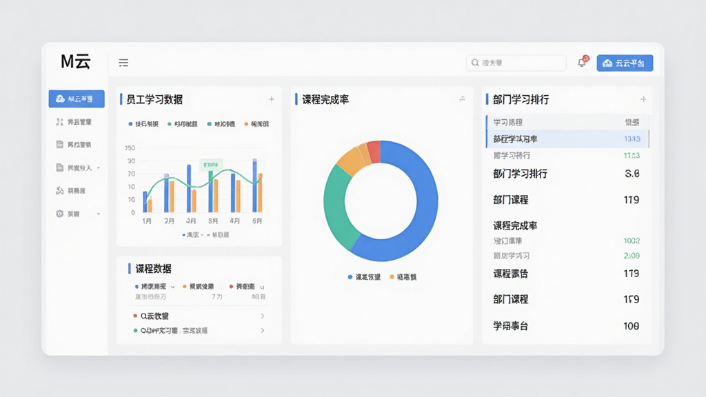 一张M云平台后台管理界面的概念图,展示员工学习数据图表、课程完成率圆环图以及部门学习排行列表,整体界面采用数据可视化风格,背景为浅灰色,排版整洁,字体清晰,包含“M云”字样,画面干净专业