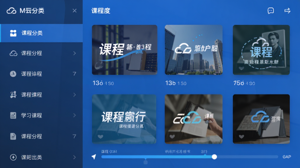 M云APP界面展示,左侧为课程分类列表,右侧为课程封面缩略图,下方为学习进度条,整体风格简洁商务,以蓝色为主色调,扁平化设计,高清画质,干净无多余元素