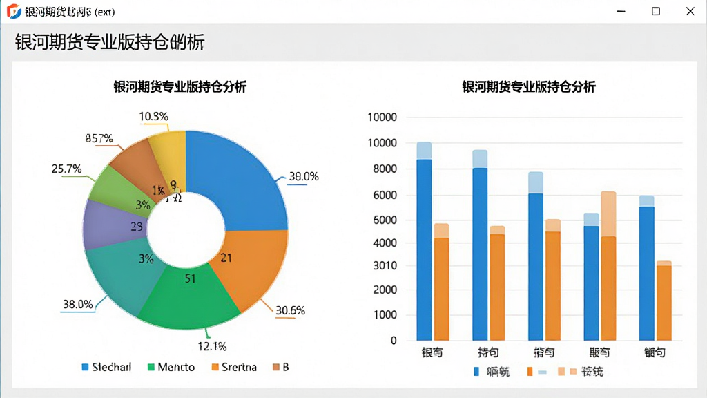 银河期货专业版持仓分析页面,主体为饼状图与柱状图展示持仓比例,布局清晰,色彩明快,背景浅灰色,整体风格商务简洁,高画质,无多余元素