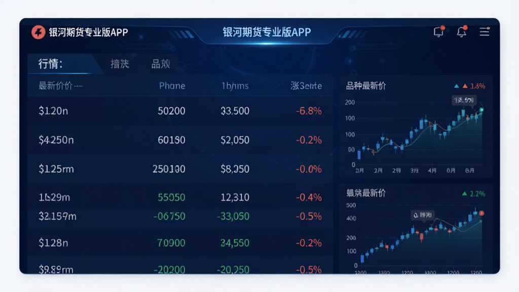 银河期货专业版APP界面,主体为行情列表页面,布局清晰展示各品种最新价、涨跌幅,背景采用深蓝色科技风格,数据图表元素点缀,整体风格专业、简洁、高画质,干净无多余元素