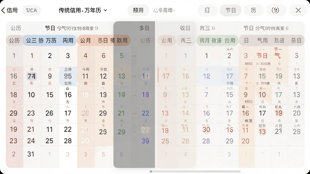 传统日历万年历的日历查询功能截图,展示多视图切换效果,包含公历农历对照、节日节气标记,界面采用简洁现代风格,色彩柔和,文字清晰,画质高清,干净无多余元素