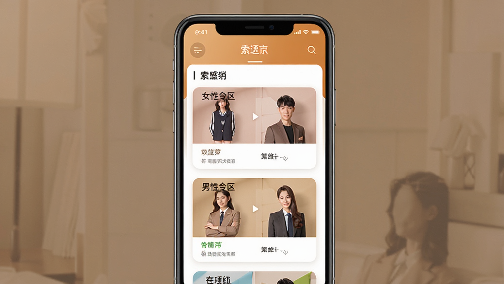 索迈特APP界面展示,分区列表清晰,包含女性专区、男性专区,卡片式设计,背景为暖色调,画质干净,无多余元素
