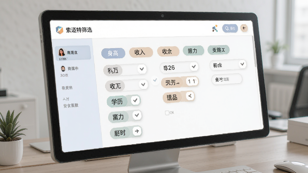 索迈特筛选界面,标签云集,包含身高、收入、学历等选项,现代简约风格,色彩柔和,界面清爽,细节丰富,画质高清