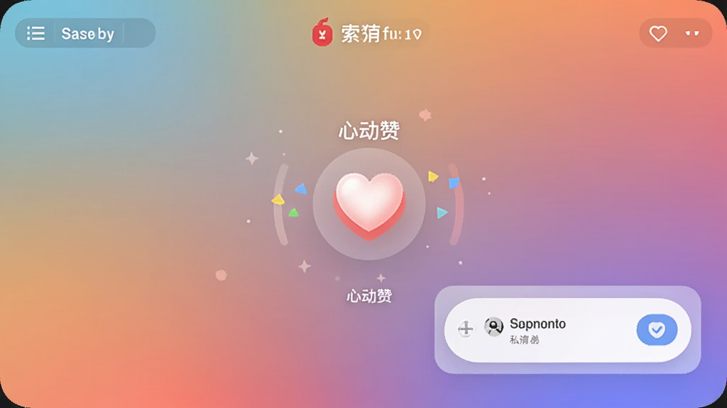 索迈特聊天界面,显示心动赞动画和私信窗口,背景为渐变色,风格温馨,UI精致,无多余元素