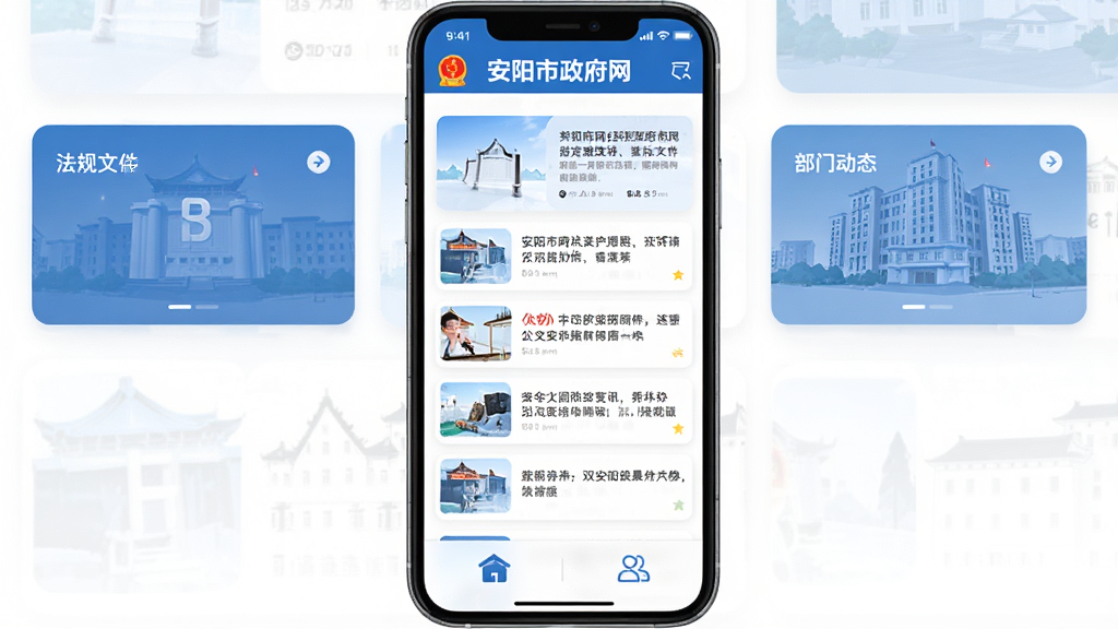 安阳市政府网app主界面,展示要闻资讯、法规文件、部门动态等栏目卡片,扁平化设计,蓝白配色,顶部导航栏有安阳市政府网logo,中部为信息流列表,底部功能按钮清晰,整体风格简洁清晰,画质干净无多余元素