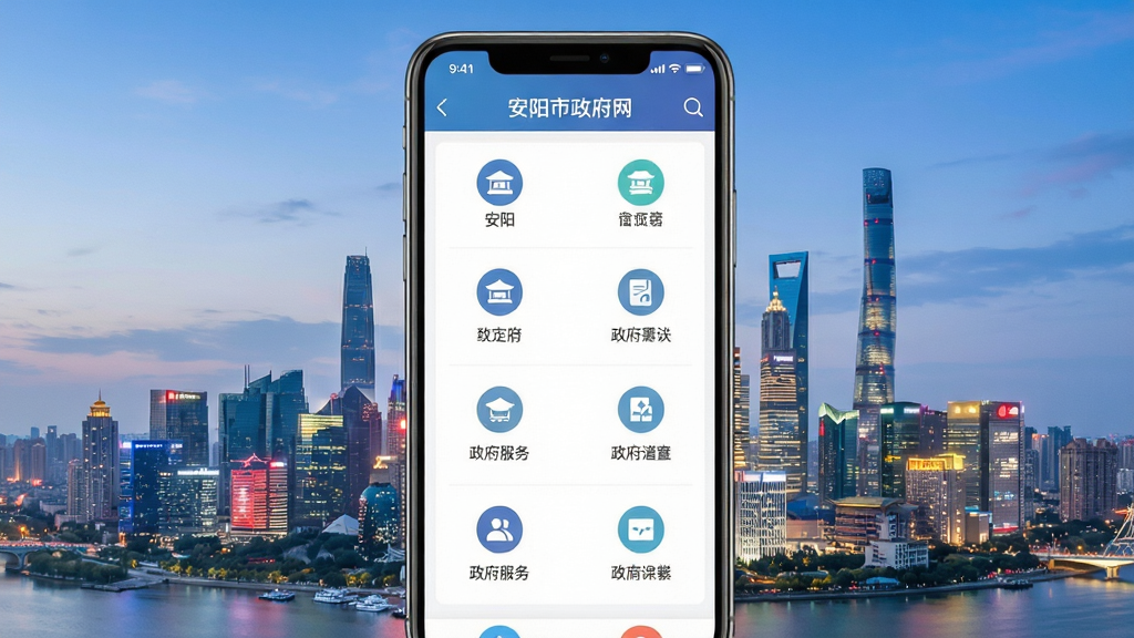 安阳市政府网手机操作界面,展示政府服务应用的功能列表,背景为城市天际线,界面简洁明了,图标清晰,信息层次分明,风格为现代政务app风格,画质干净,无多余元素