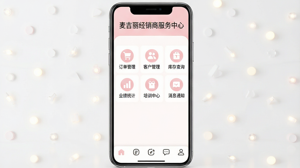 展示麦吉丽经销商服务中心的手机主界面,采用居中布局,界面风格简洁清新,以淡粉色和白色为基调,顶部显示“麦吉丽经销商服务中心”字样,中部为功能图标矩阵排列,包括订单管理、客户管理、库存查询、业绩统计、培训中心、消息通知等,底部为导航栏,图标线条圆润,整体画质高清干净,无多余元素