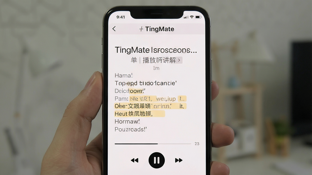 TingMate精听功能界面,主体为手机屏幕展示单句播放与讲解,布局清晰,排版有中英文对照,风格简约,细节包含播放控制条和关键词高亮,画质干净无多余元素