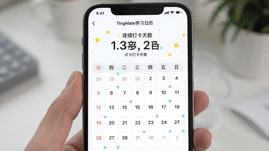 TingMate学习日历与打卡界面,主体为手机屏幕显示连续打卡天数,布局整齐,排版有日历网格,风格明亮,细节有星星图标,画质干净无多余元素