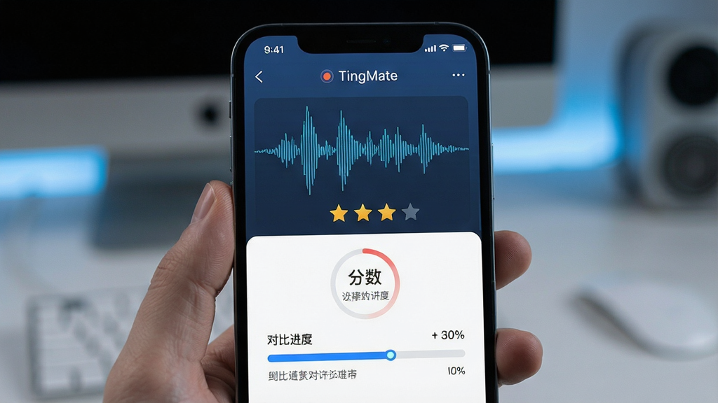 TingMate发音评测功能,主体为手机显示录音波形与分数,布局直观,排版有评分星级,风格科技感,细节展示对比进度,画质高清无多余元素