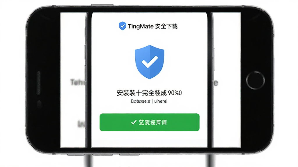 TingMate安全下载界面,主体为手机显示安装完成状态,布局居中,排版有盾牌图标,风格简洁,细节有绿色对勾,画质清晰无多余元素